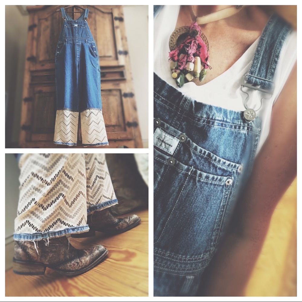 OOAK Artisan Revamped Calvin Klein Overalls Raw Hem & Zigzag Extension L - Picture 4 of 11